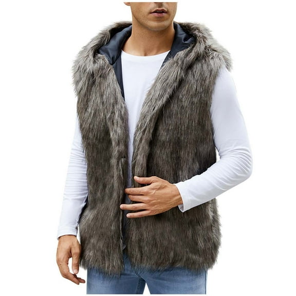 WREESH Fashion Vest Mens Warm Faux Furry Long Coat Jacket Winter Solid V-Neck Outerwear Brown