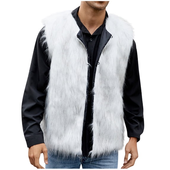 WREESH Fashion Vest Mens Warm Faux Furry Long Coat Jacket Winter Solid V-Neck Outerwear White