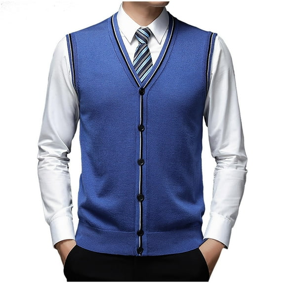 WREESH Fashion Vest Sleeveless Cardigan Men's Casual Solid Color Sleeveless Four Seasons Wool Knitted Cardigan Sweater Blue