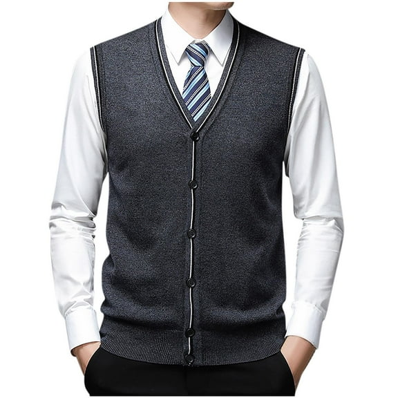 WREESH Fashion Vest Sleeveless Cardigan Men's Casual Solid Color Sleeveless Four Seasons Wool Knitted Cardigan Sweater Dark Gray