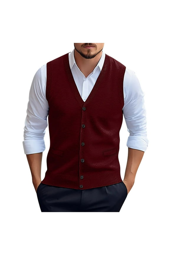 Fashion Vest Sleeveless Cardigan Men's Casual Solid Color Sleeveless Four Seasons Wool Knitted Cardigan Sweater Wine