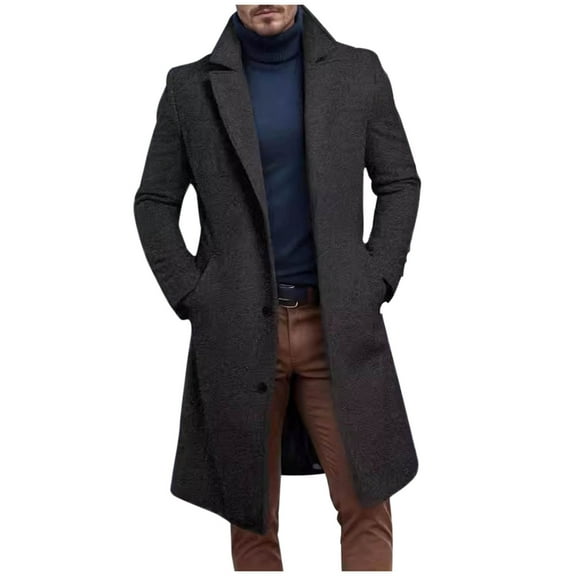 WREESH Fashion Winter Coat Men'S Casual Solid Color Buttons Pockets Long Sleeve Hoodless Casual Long Outwear Trench Coat Dark Gray