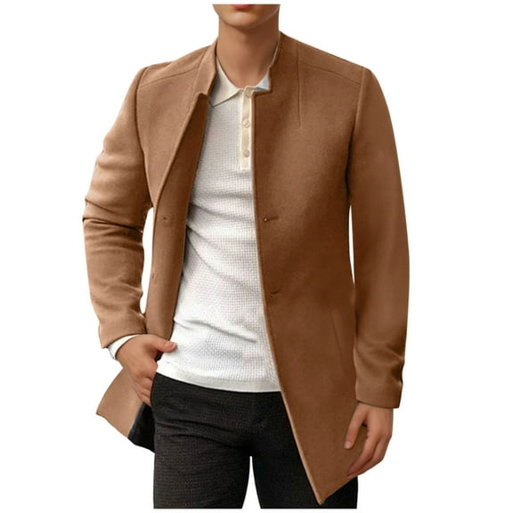 WREESH Fashion Winter Coat Men'S Casual Solid Color Buttons Pockets Long Sleeve Hoodless Casual Long Outwear Trench Coat Khaki