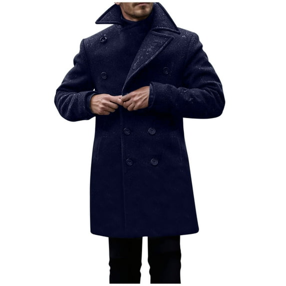 WREESH Fashion Winter Coat Men'S Casual Solid Color Buttons Pockets Long Sleeve Hoodless Casual Outwear Trench Coat Navy
