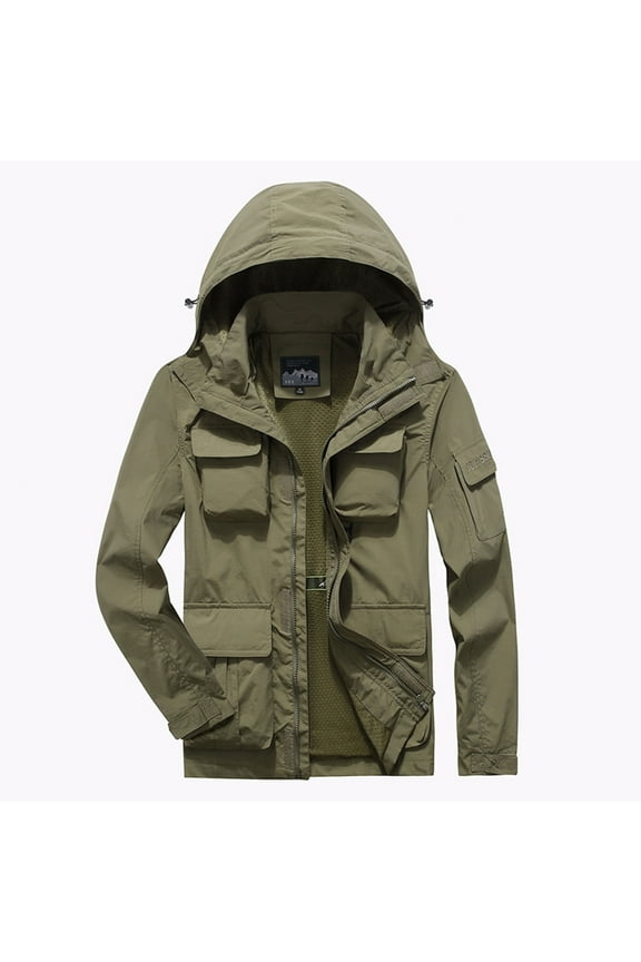 Fashion Winter Jacket Hooded Jacket Top Zipper Pocket Strap Loose Coat Long Sleeves Disassemble Khaki