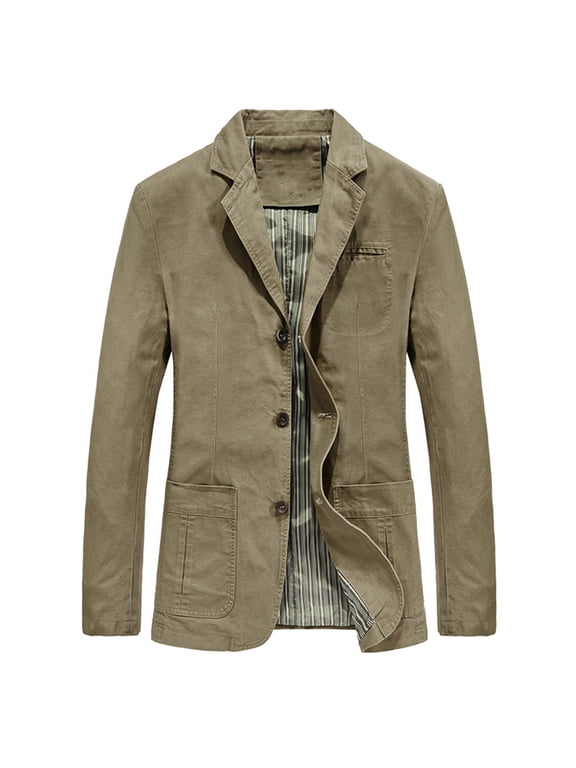 Fashion Winter Jacket Men Casual Solid Button Blazer Suit Back Long Sleeves Jacket Khaki