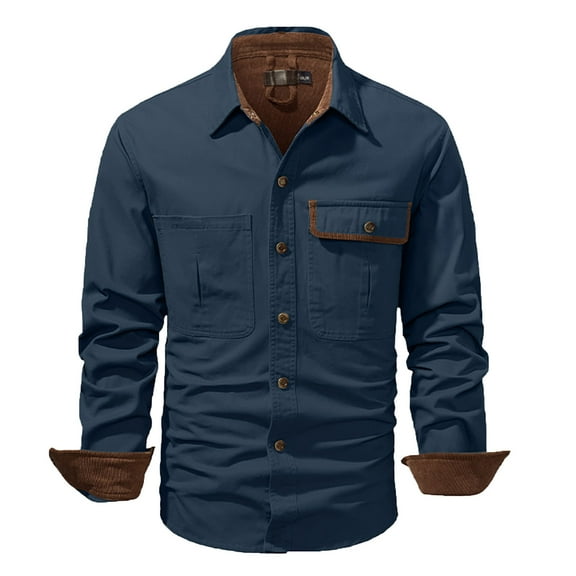 WREESH Fashion Winter Jacket Men Casual Solid Turndown Long Sleeve Button Jacket with Pockets Blue