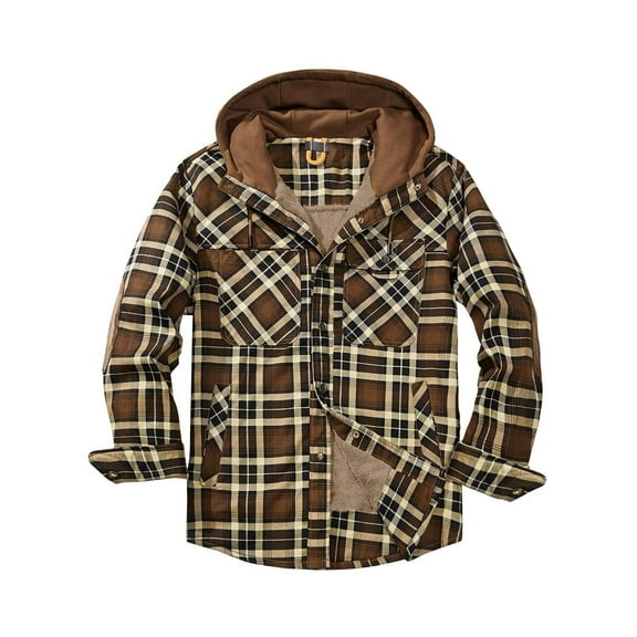 WREESH Fashion Winter Jacket Men'S Button Opening and Closing Fleecing Plaid Coat Long Sleeve Hooded Jacket Brown