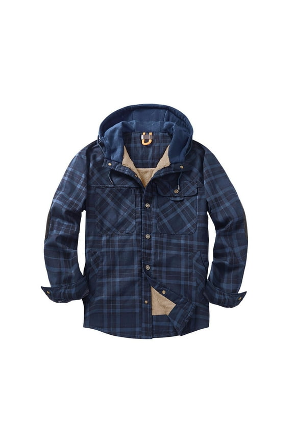 Fashion Winter Jacket Men'S Button Opening and Closing Fleecing Plaid Coat Long Sleeve Hooded Jacket Dark Blue