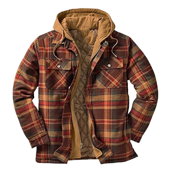 WREESH Fashion Winter Jacket Men'S Casual Able Checkered Printed Design Button Pockets Fleece Long Sleeved Fake Two-Piece Hooded Jacket Brown