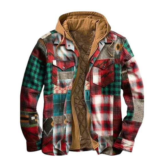 WREESH Fashion Winter Jacket Men'S Casual Able Checkered Printed Design Button Pockets Fleece Long Sleeved Fake Two-Piece Hooded Jacket Multicolor