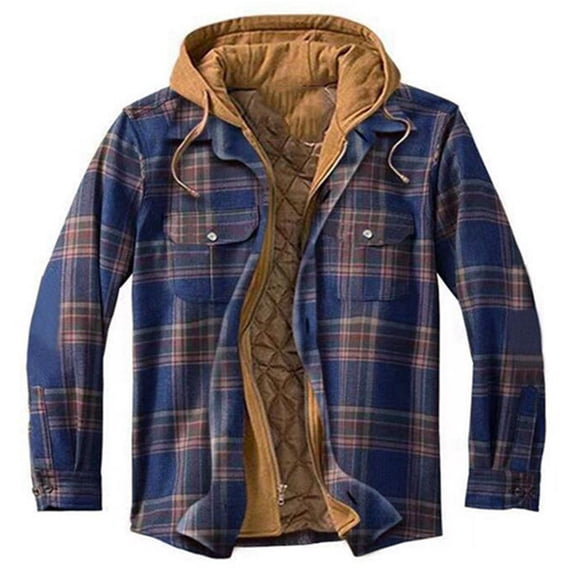 WREESH Fashion Winter Jacket Men'S Casual Able Checkered Printed Design Button Pockets Fleece Long Sleeved Fake Two-Piece Hooded Jacket Navy