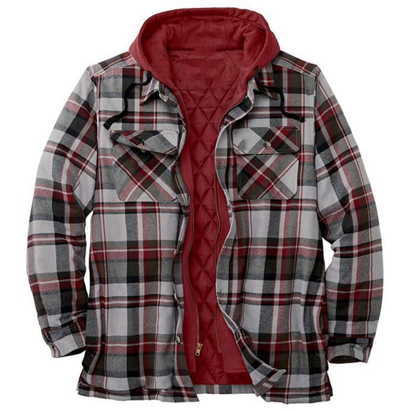 WREESH Fashion Winter Jacket Men'S Casual Able Checkered Printed Design Button Pockets Fleece Long Sleeved Fake Two-Piece Hooded Jacket Red