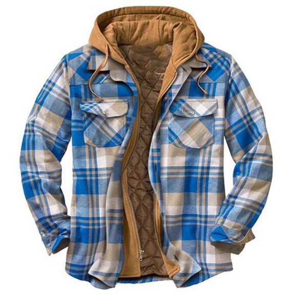 WREESH Fashion Winter Jacket Men'S Casual Able Checkered Printed Design Button Pockets Fleece Long Sleeved Fake Two-Piece Hooded Jacket Sky Blue