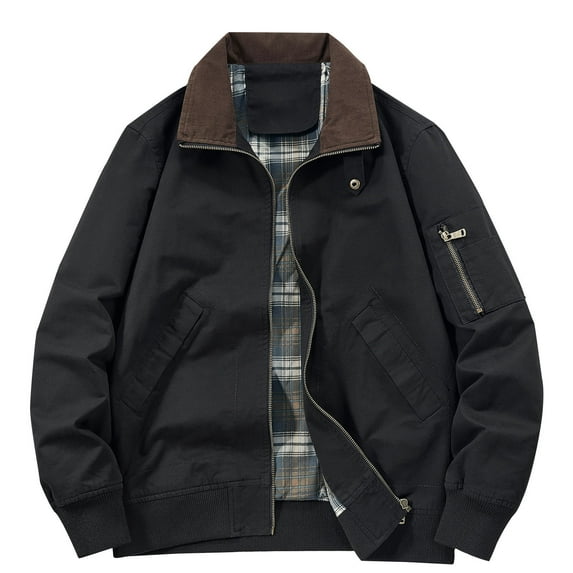 WREESH Fashion Winter Jacket Men'S Casual Color Block Zipper Pockets Long Sleeve Hoodless Outwear Black