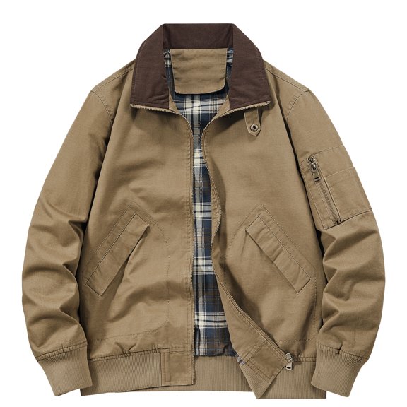 WREESH Fashion Winter Jacket Men'S Casual Color Block Zipper Pockets Long Sleeve Hoodless Outwear Camel