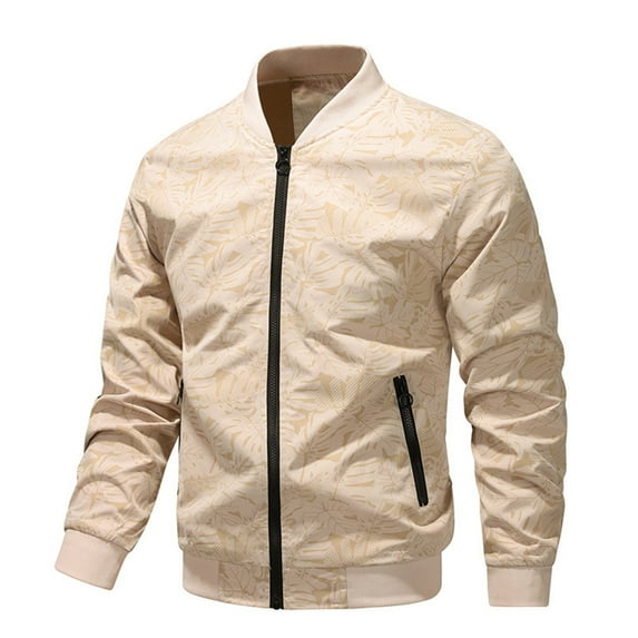 WREESH Fashion Winter Jacket Men'S Casual Printing Zipper Pockets Long Sleeve Hoodless Casual Outwear Beige