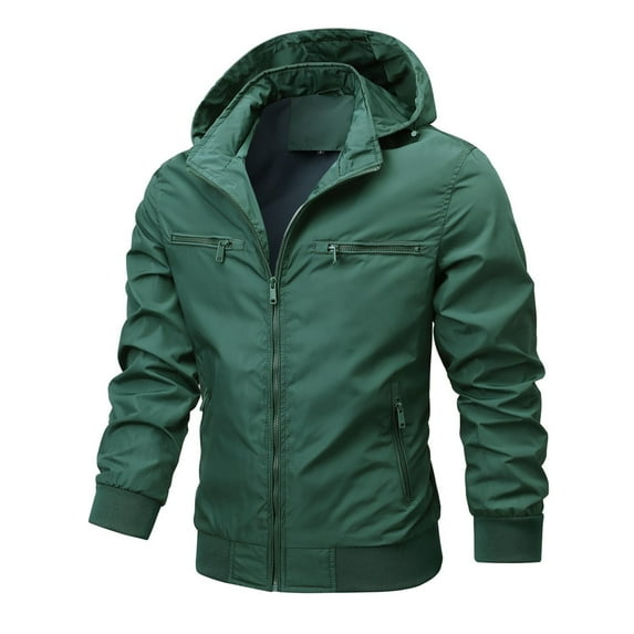 WREESH Fashion Winter Jacket Men'S Casual Solid Color Zipper Pockets Long Sleeve Hooded Casual Outwear Green