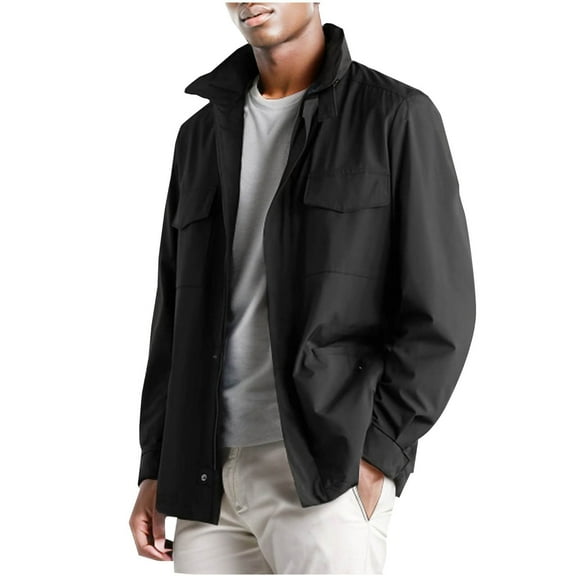 WREESH Fashion Winter Jacket Men'S Casual Solid Color Zipper Pockets Long Sleeve Hoodless Casual Outwear Black