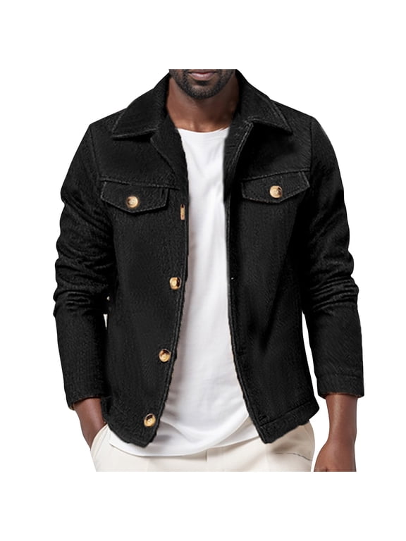 Fashion Winter Jacket Men'S Casual Trend Woolen-Breasted Solid Color Long-Sleeved Hoodless Casual Coat/Jacket Black