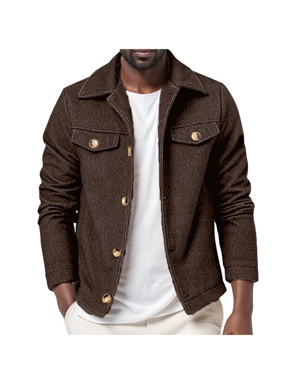 Fashion Winter Jacket Men'S Casual Trend Woolen-Breasted Solid Color Long-Sleeved Hoodless Casual Coat/Jacket Brown