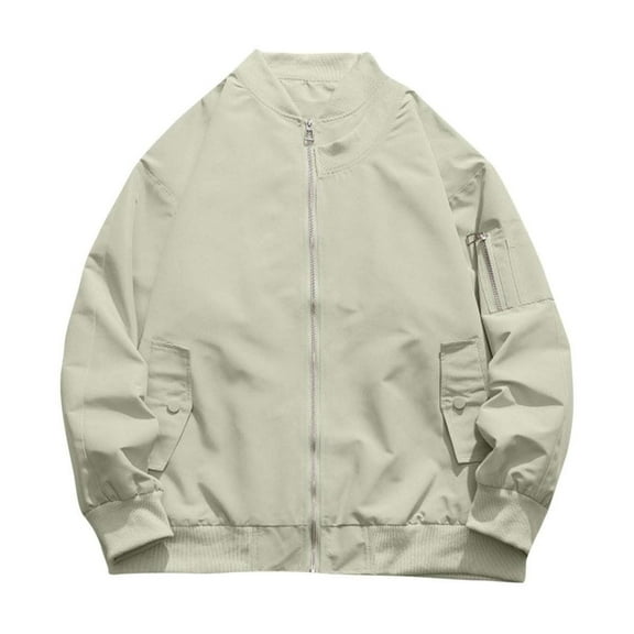 WREESH Fashion Winter Jacket Men'S Casual Zipper Pocket Solid Color Long Sleeve Stand Up Collar Blouse Jackets Tops White