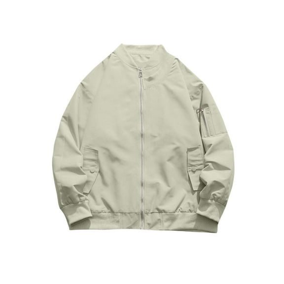 WREESH Fashion Winter Jacket Men'S Casual Zipper Pocket Solid Color Long Sleeve Stand Up Collar Blouse Jackets Tops White