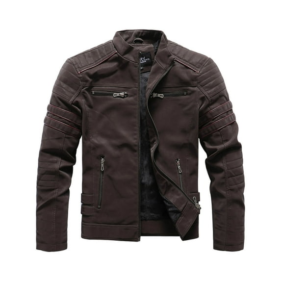WREESH Fashion Winter Jacket Men'S Dashion Motorcycle Solid Color Zipper Pocket Leather Long Sleeved Hooded Jacket Coffee