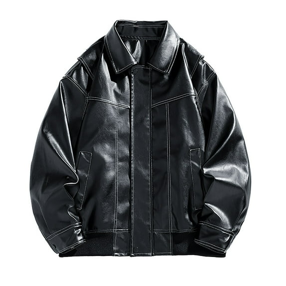 WREESH Fashion Winter Jacket Men'S Men'S Leather Motorcycle Jackets Casual Tops Coats Black