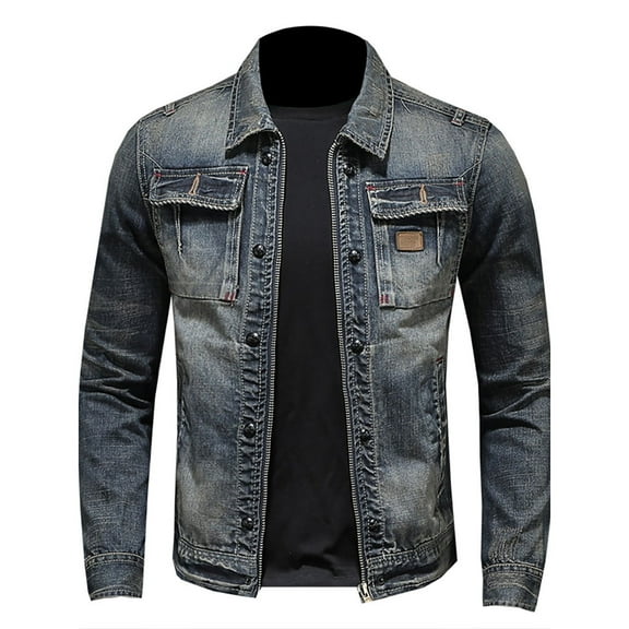 WREESH Fashion Winter Jacket Men'S Solid Color Button Pocket Slim Casual Work Denim Jacket Blue