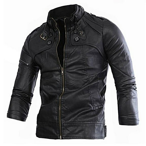 WREESH Fashion Winter Jacket Men'S Spring and New Multi Button Motorcycle Standing Collar Washed Leather Jacket Men'S Leather Coat Black