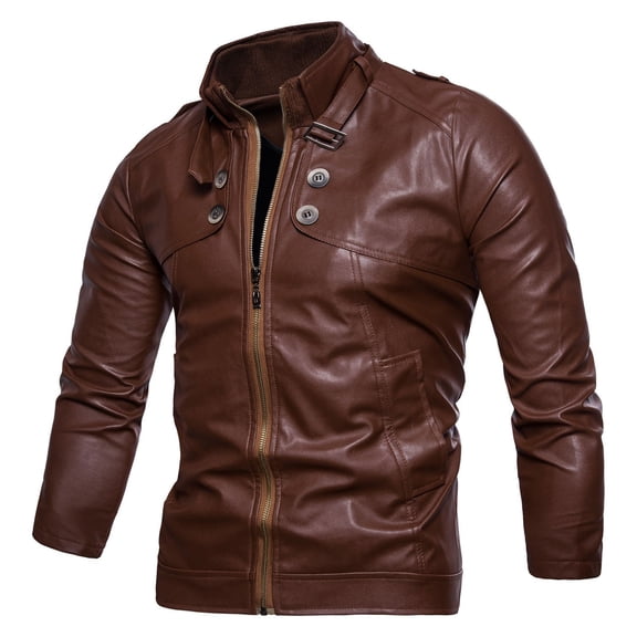 WREESH Fashion Winter Jacket Men'S Spring and New Multi Button Motorcycle Standing Collar Washed Leather Jacket Men'S Leather Coat Brown