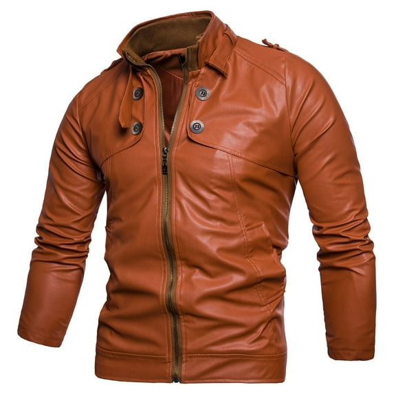 WREESH Fashion Winter Jacket Men'S Spring and New Multi Button Motorcycle Standing Collar Washed Leather Jacket Men'S Leather Coat Orange