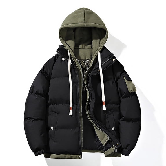 WREESH Fashion Winter Jacket Men'S Stitching Drawstring Hooded Slim Jacket Coat Outwear Black