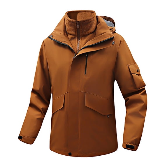 WREESH Fashion Winter Jacket Men'S Stitching Drawstring Hooded Slim Jacket Coat Outwear Brown