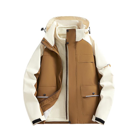 WREESH Fashion Winter Jacket Men'S Stitching Drawstring Hooded Slim Jacket Coat Outwear Coffee