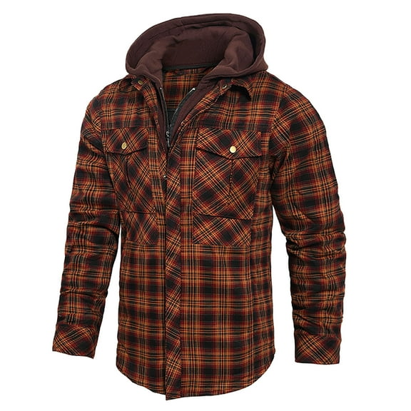 WREESH Fashion Winter Jacket Men'S Winter Checkered Design with Button Pockets and Long Sleeved Hooded Casual Jacket Wine