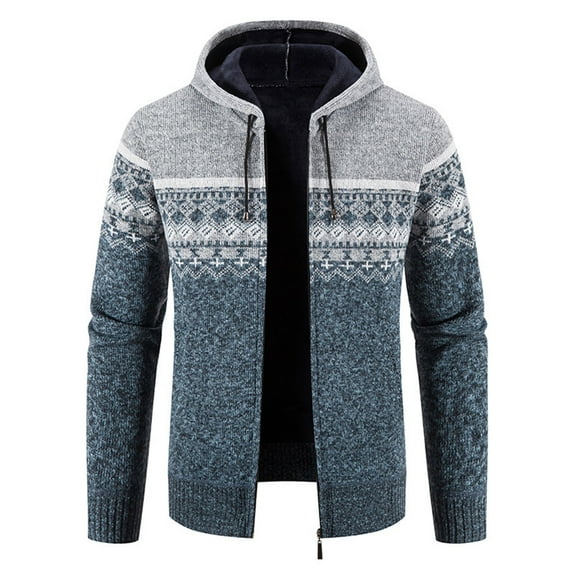 WREESH Fashion Winter Jacket Men'S Winter Ethnic Style Printed Design Zippered Sweater Long Sleeved Hooded Casual Jacket Gray