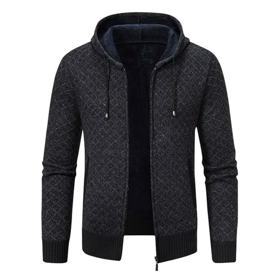 WREESH Fashion Winter Jacket Men'S Winter Printed Design Zippered Sweater Long Sleeved Hooded Casual Jacket Black