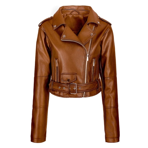 WREESH Fashion Winter Jacket Womens Solid Color Lapel Long Sleeved Hooded Leather Jacket Long Sleeved Hooded Leather Coat Coffee
