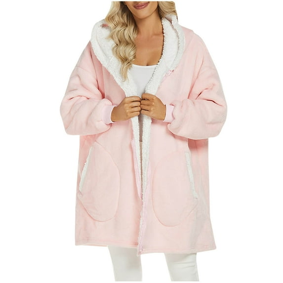 WREESH Fashion Winter Jacket Womens Solid Color Warm Hooded Plus Size Home Casual Jacket Long Sleeved Hooded Casual Jacket Pink
