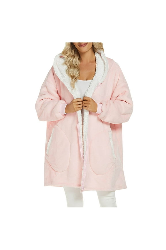Fashion Winter Jacket Womens Solid Color Warm Hooded Plus Size Home Casual Jacket Long Sleeved Hooded Casual Jacket Pink