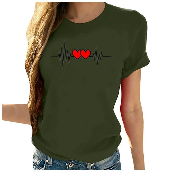 WREESH Fashion Women's Love Heart T-Shirts Casual Pullover Short Sleeve Graphic Tops Olive Green