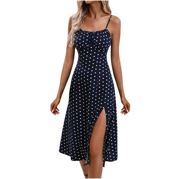 WREESH Fashion Womens Casual Dress Print Camis Sleeveless Round Neck Slit Dress Blue