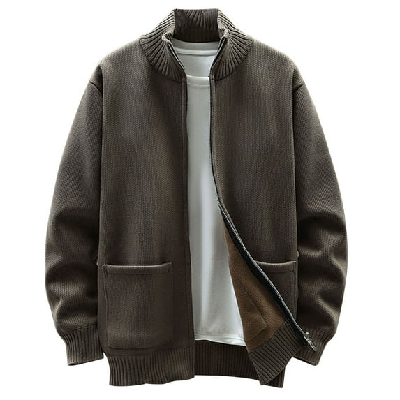 WREESH Fashion Zip-Up Sweater Jacket Men's Solid Color Knit Round Collar Cardigan Relaxed Zipper Sweater Coat Sweater Brown