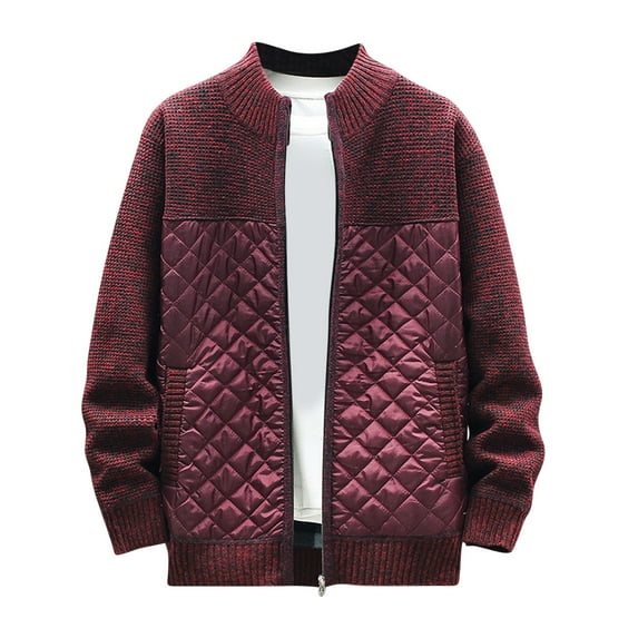 WREESH Fashion Zip-Up Sweater Jacket Men's Thickened Cardigan Sweater Jacket Stand Collar Colorblock Knitted Coat Long Sleeve Hoodless Casual Coat/Jacket Sweater Red