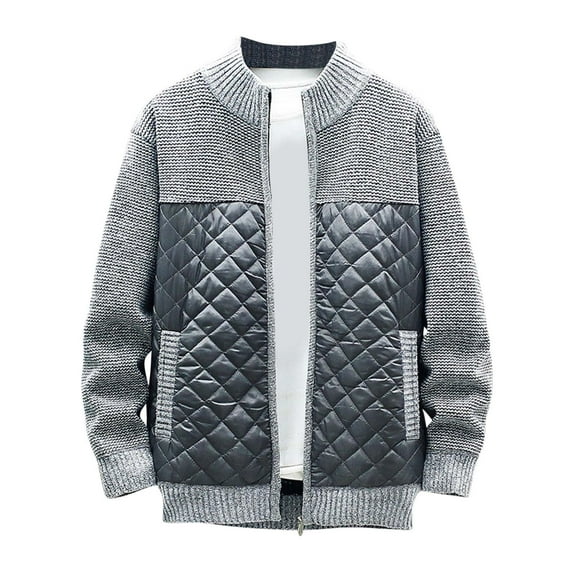 WREESH Fashion Zip-Up Sweater Jacket Men's Thickened Cardigan Sweater Jacket Stand Collar Colorblock Knitted Coat Long Sleeve Hoodless Casual Coat/Jacket Sweater Gray