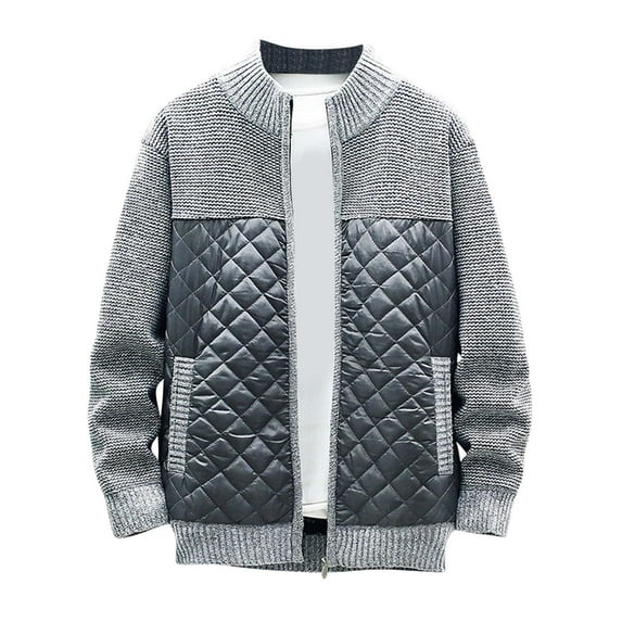 WREESH Fashion Zip-Up Sweater Jacket Men's Thickened Cardigan Sweater Jacket Stand Collar Colorblock Knitted Coat Long Sleeve Hoodless Casual Coat/Jacket Sweater Gray