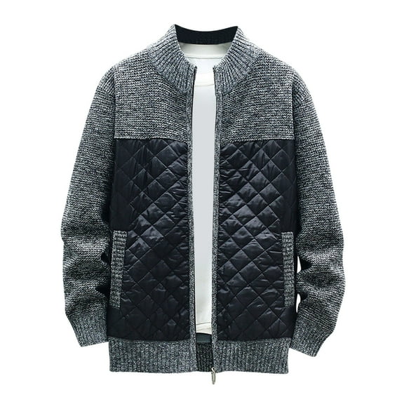 WREESH Fashion Zip-Up Sweater Jacket Men's Thickened Cardigan Sweater Jacket Stand Collar Colorblock Knitted Coat Long Sleeve Hoodless Casual Coat/Jacket Sweater Dark Gray