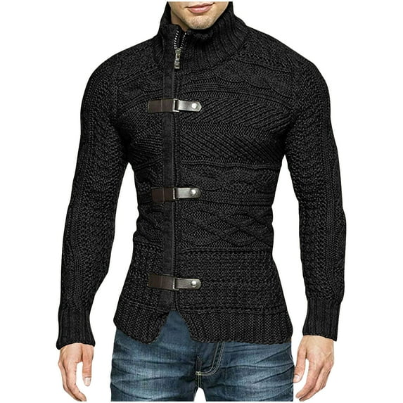 WREESH Fashion Zip-Up Sweater Jacket Turtleneck Sweater Men's Temperament Solid Color High Neck Sweater Long Sleeved Knitted Cardigan Jacket Sweater Black